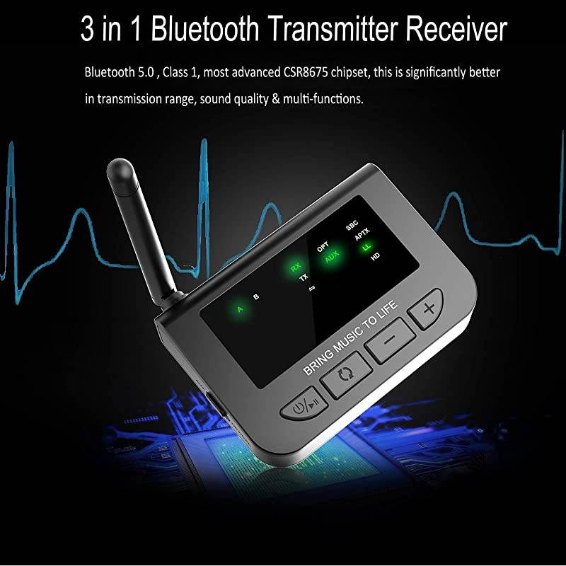 Long Range Bluetooth 50 Transmitter Receiver for TV 40MS Low Latency Wireless HD Audio Adapter with PassThru for Home Stereo Optical AUX RCA Always ON Dual Stream Pair with AirPods