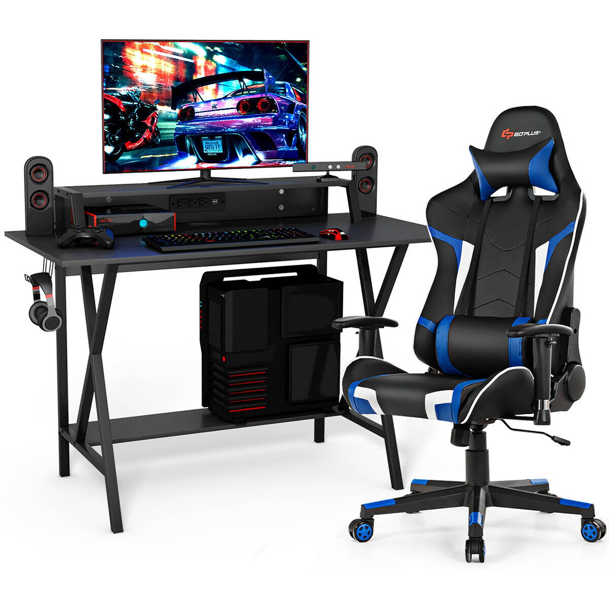 Goplus Gaming Computer Desk&Massage Gaming Chair Set w/Monitor Shelf Power Strip Blue