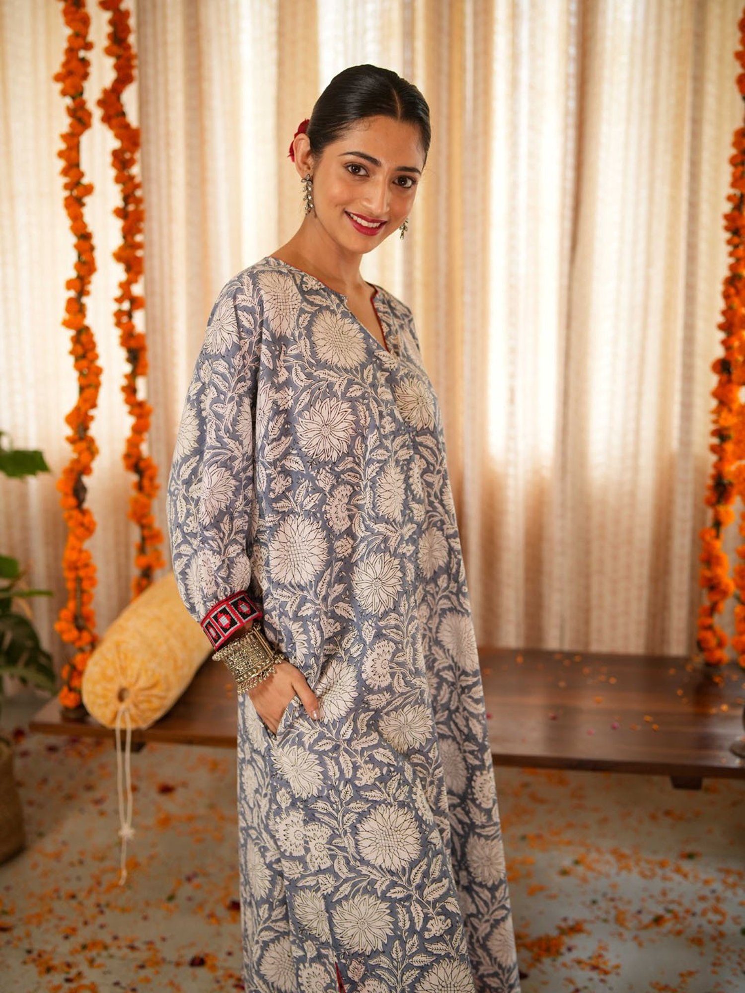 Akiso Bahama Blue Hand Asymmetrical Kaftan with Border