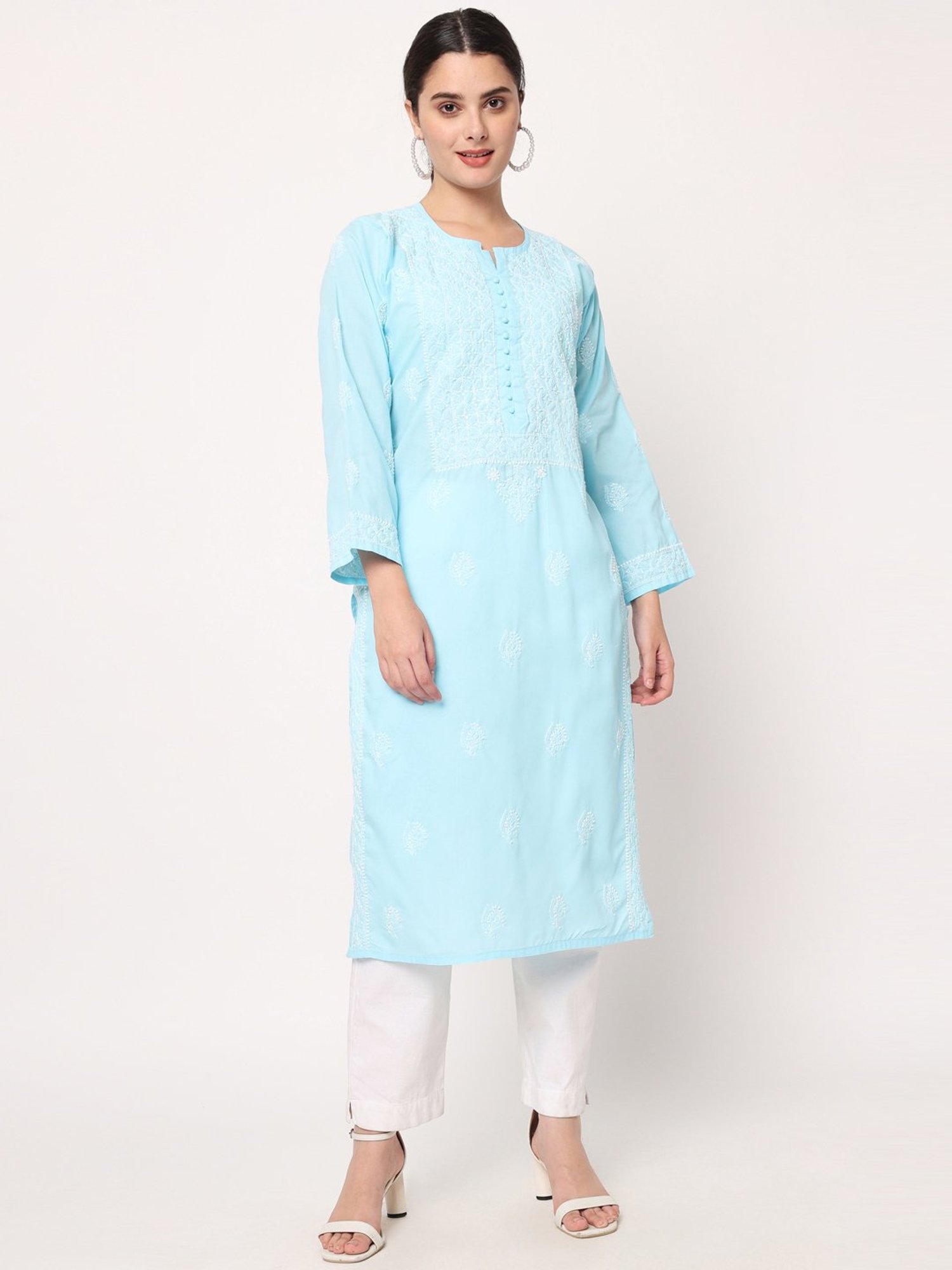 PARAMOUNT CHIKAN Turquoise Cotton Chikankari Straight Kurta