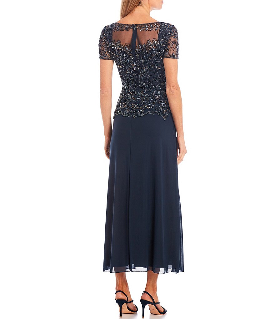 Pisarro Nights Petite Size Beaded Bodice Illusion Boat Neck Short Sleeve Gown