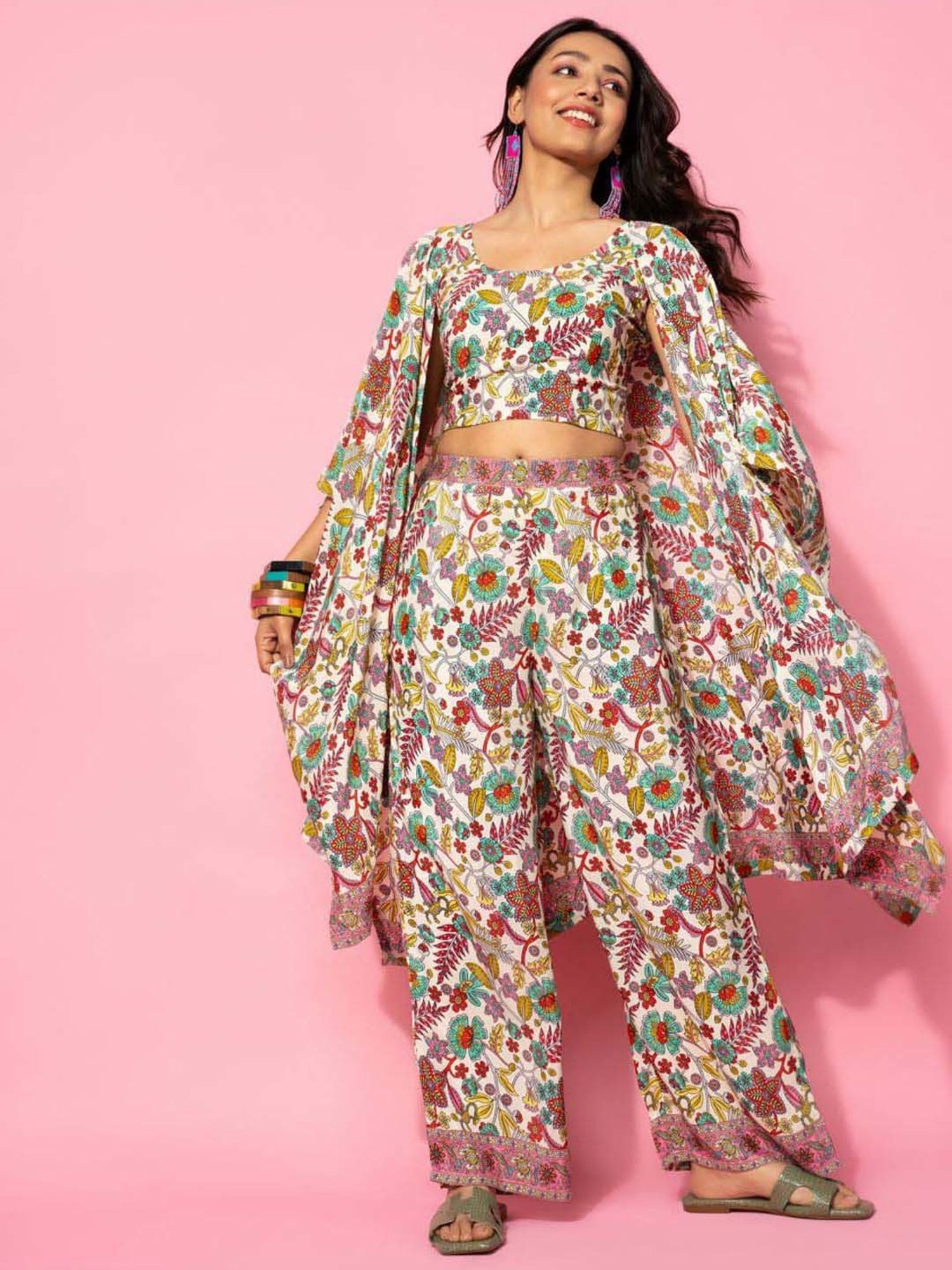 Libas Cream Printed Silk Blend Co-Ords With Shrug