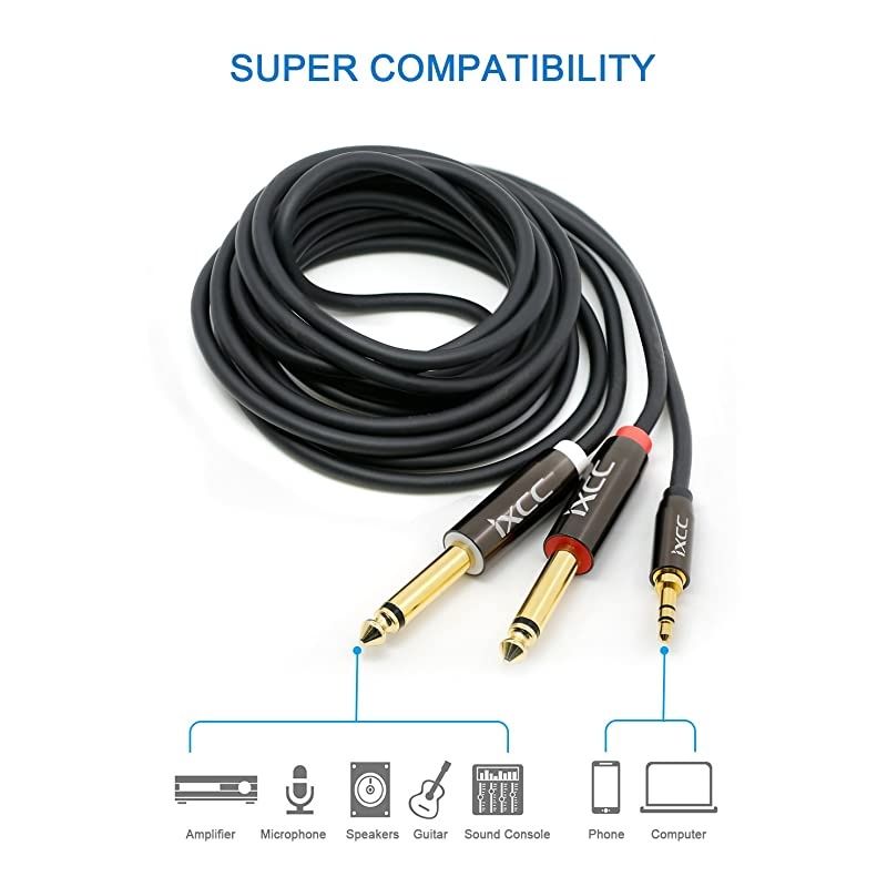 10Feet]  Gold Plated 3.5mm 1/8" TRS to Dual 6.35mm 1/4" TS Mono Y-Cable Splitter Cord for iPhone, iPod, Computer Sound Cards, CD Players, Multimedia Speakers and Home Stereo Systems