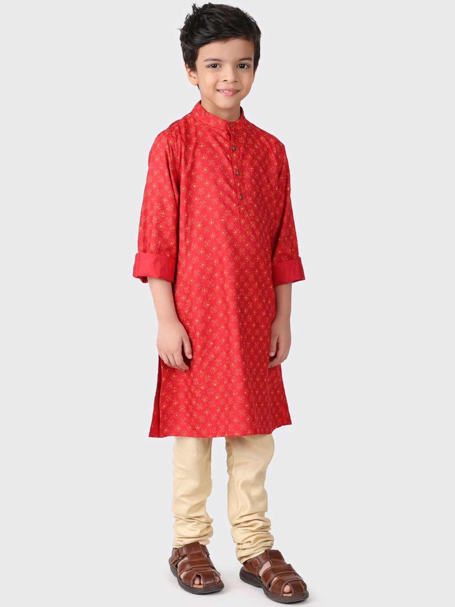Fabindia Kids Red Printed Full Sleeves Kurta