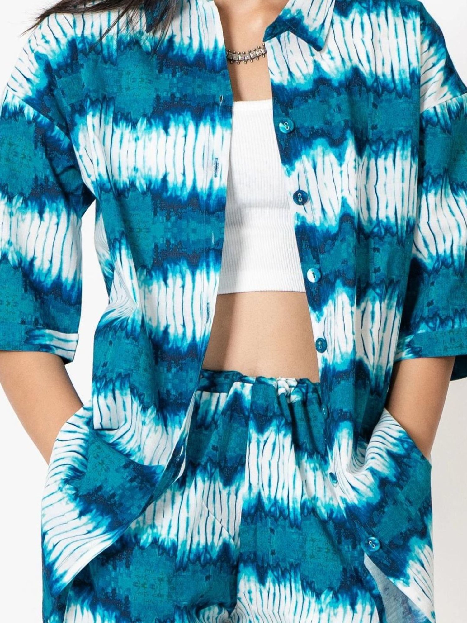 Kameez by Pooja White & Turquoise Blue Capsule 24 Digital Print Cotton Shirt and Pant Co-ord Set