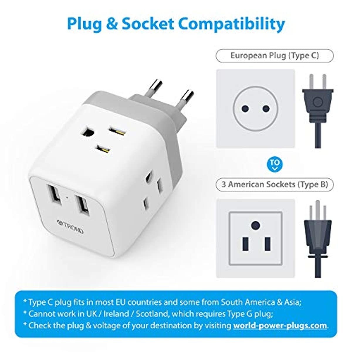 European Plug Adapter, TROND International Travel Power Adaptor for Europe Outlets, 2 USB & 3 American Sockets - US to EU Italy Germany France Iceland Spain Greece (Type C Plug)