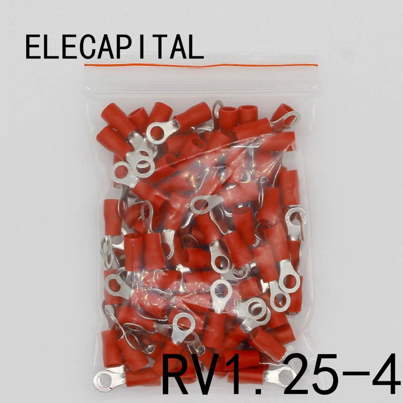 RV1.25-4 Red Ring Insulated Wire Connector Electrical Crimp Terminal RV1.25-4 Cable Wire Connector 100PCS RV1-4 RV