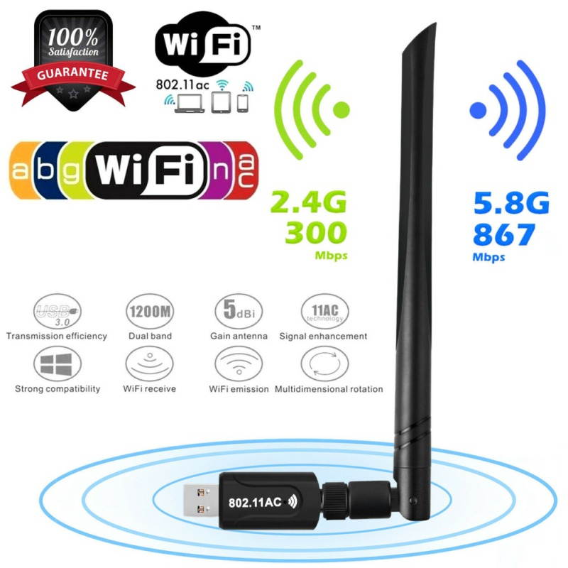 USB WiFi Adapter 1200Mbps Techkey USB 3.0 WiFi 802.11 ac Wireless Network Adapter with Dual Band 2.4GHz/300Mbps 5GHz/867Mbps High Gain Antenna for Desktop Windows XP/Vista / 7-10 Mac