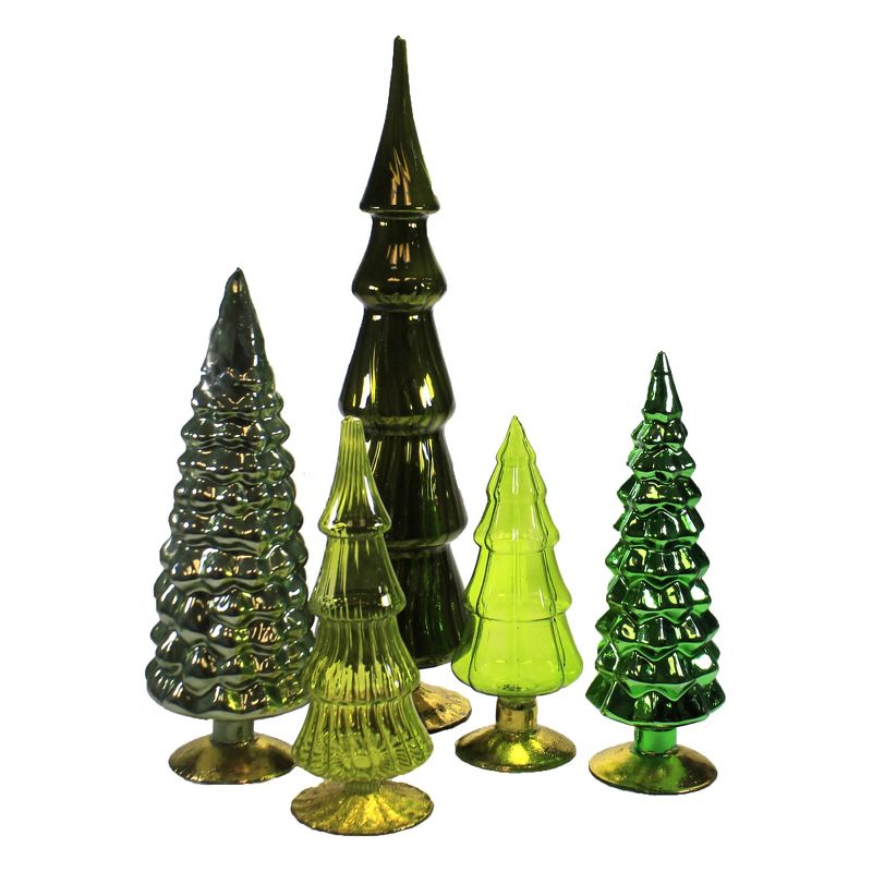 Christmas 17.0" Green Hues Glass Trees Set / 5 Decorate Mantle Christmas Decor  -  Decorative Figurines