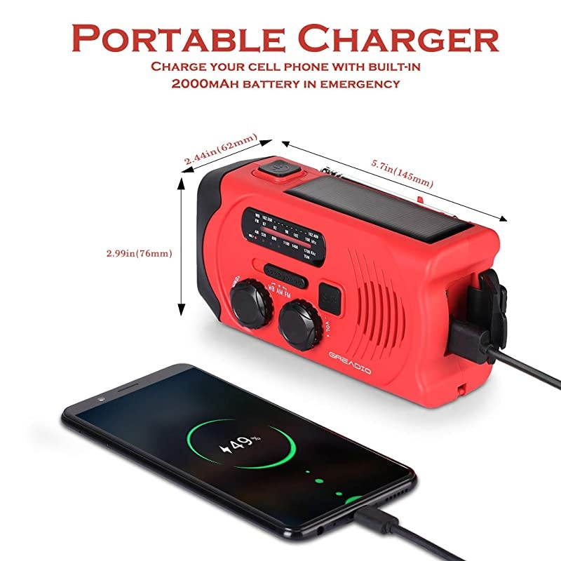 Hand Crank Radio Weather Solar NOAA Radio with AMFM Bright Flashlight SOS Alarm and 2000mAh Power Bank for and Outdoor Activies Red