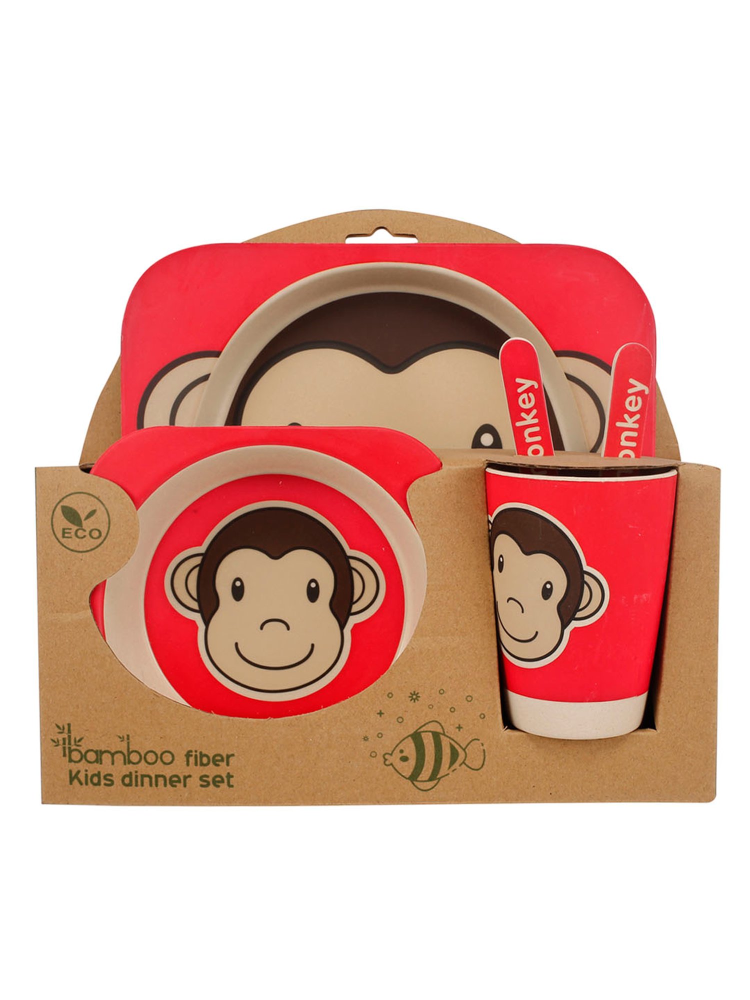 Baby Moo Monkey Red Bamboo Fiber Dinner Set