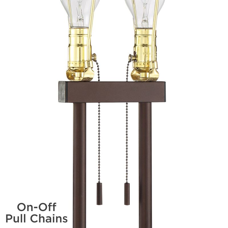 Franklin Iron Works Modern Industrial Floor Lamp with Table and USB Bronze Walnut Oval Linen Shade Living Room Bedroom Office