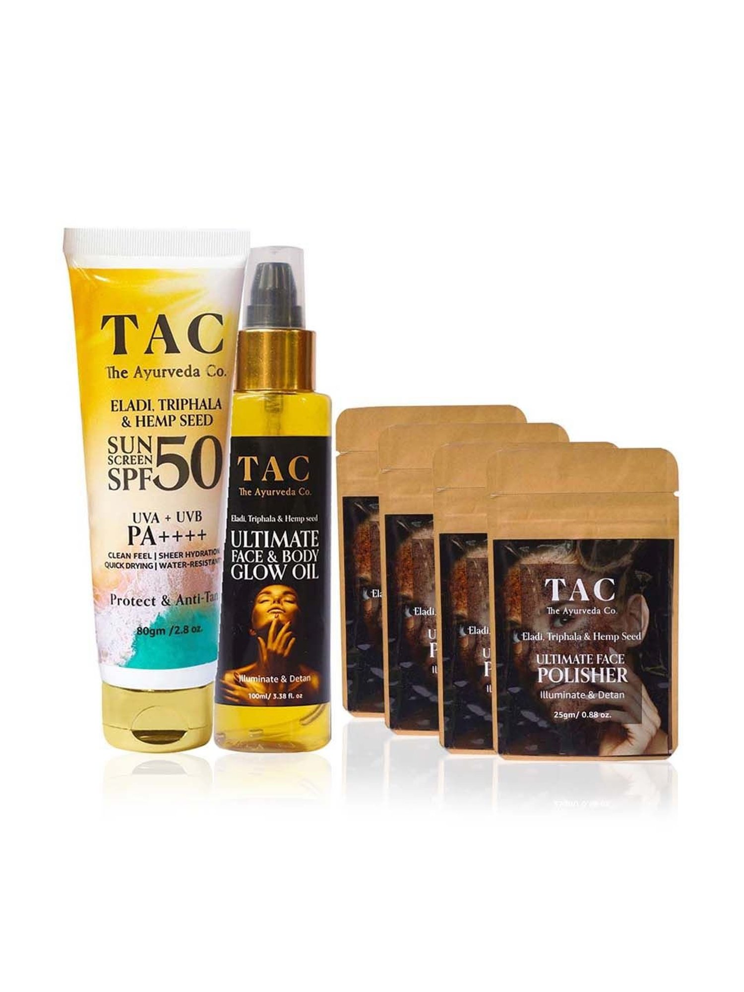TAC - The Ayurveda Co. Eladi, Triphla & Hemp Seed Oil Sunscreen & Face Polisher Scrub & Oil