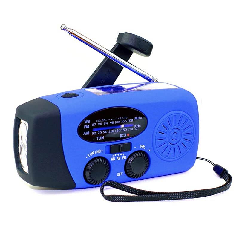 Upgrade  Emergency Solar Hand Crank Dynamo NOAA WB AMFM Radio Hurricane Camping Survive Kit with 3LED Flashlight 1000mAh Power Bank 088FS Blue