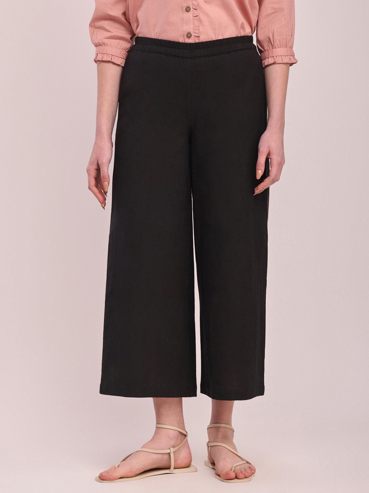 Pink Fort Black Cotton Relaxed Fit Culottes