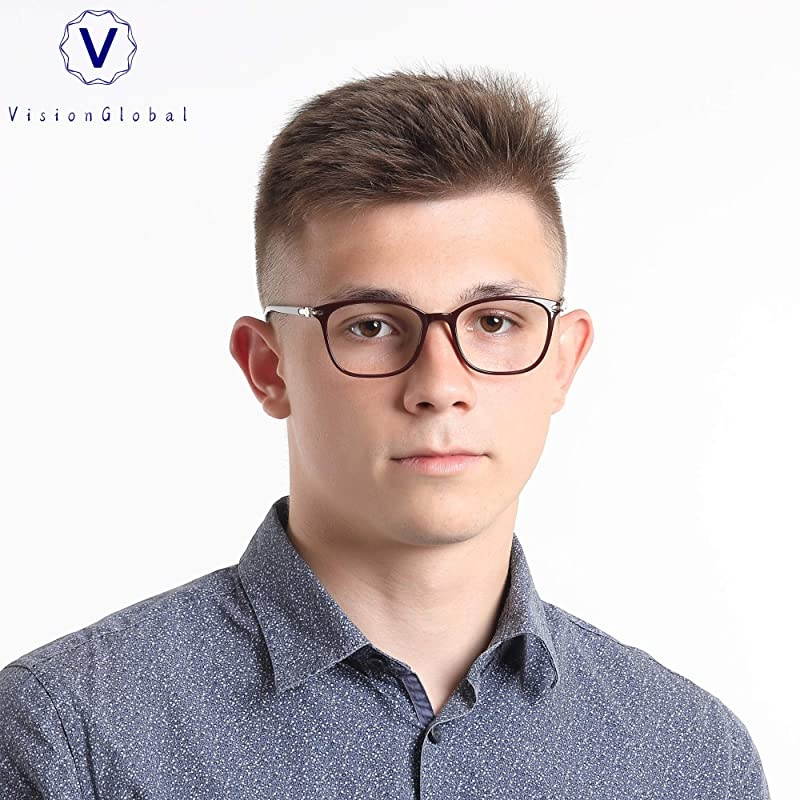 Light Blocking Glasses for Women/Men, Anti Eyestrain, Computer Reading, TV Glasses, Stylish Square Frame, Anti Glare(Red,+5.25 Magnification)