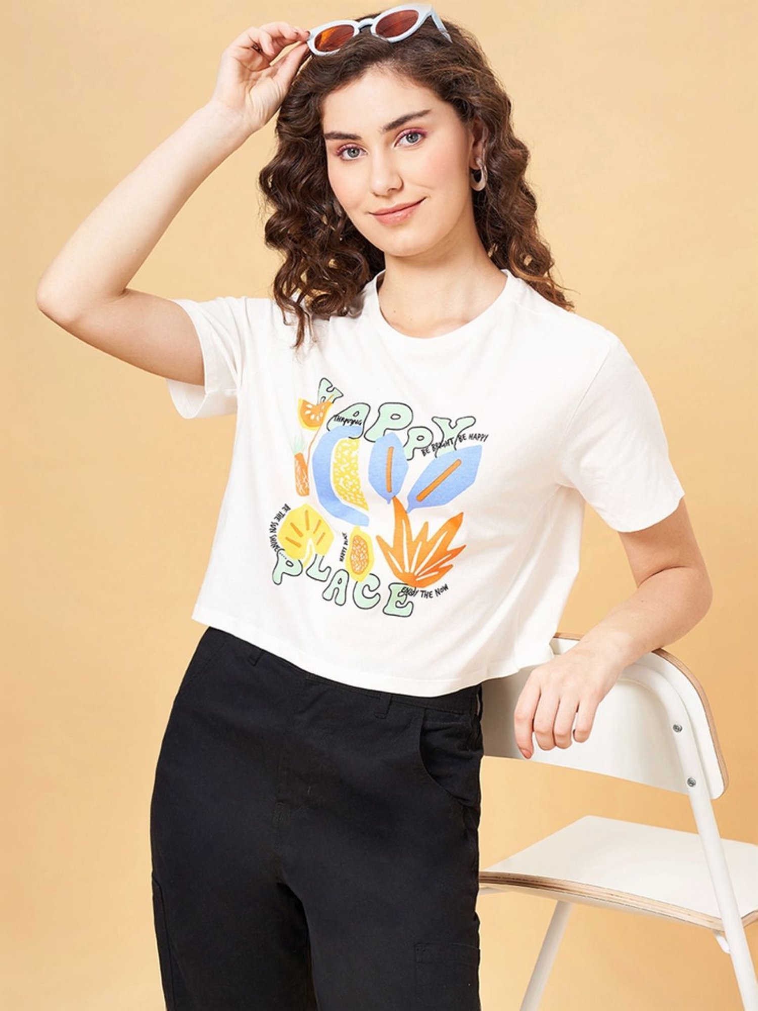 People by Pantaloons White Cotton Printed T-Shirt