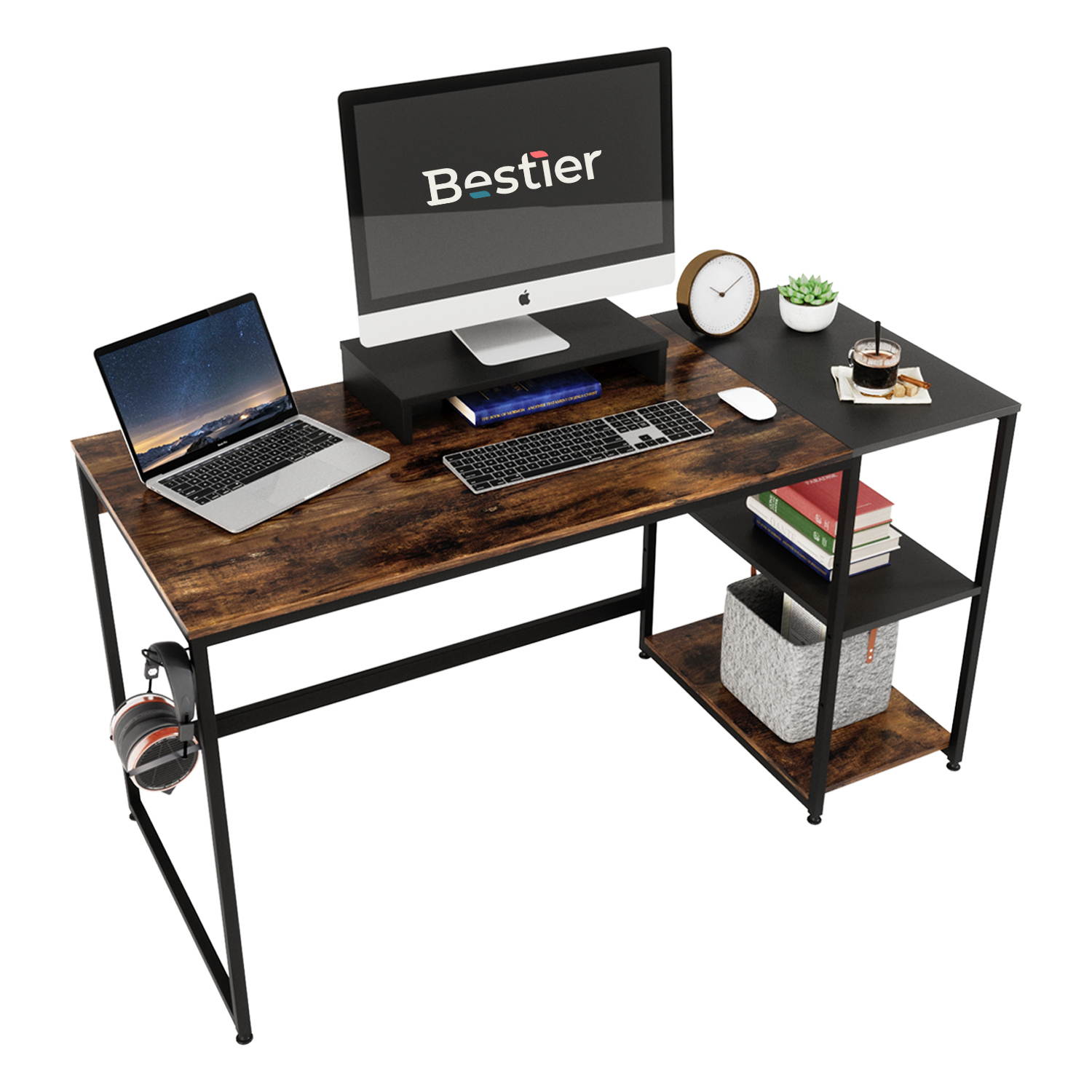 Bestier 55 Inch Home Desks with Monitor Stand & Storage Shelves, Sturdy Rustic Desk, Home Office Laptop Desk, Easy to Assemble, Rustic Brown & Black