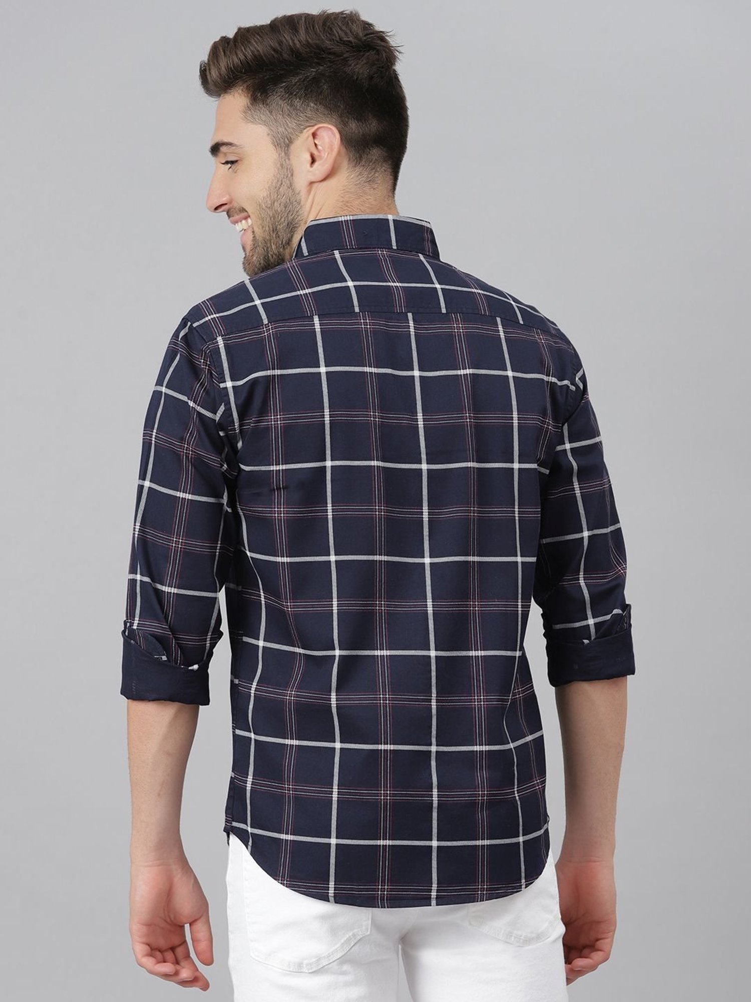 Dennis Lingo Navy Cotton Slim Fit Checks Shirt