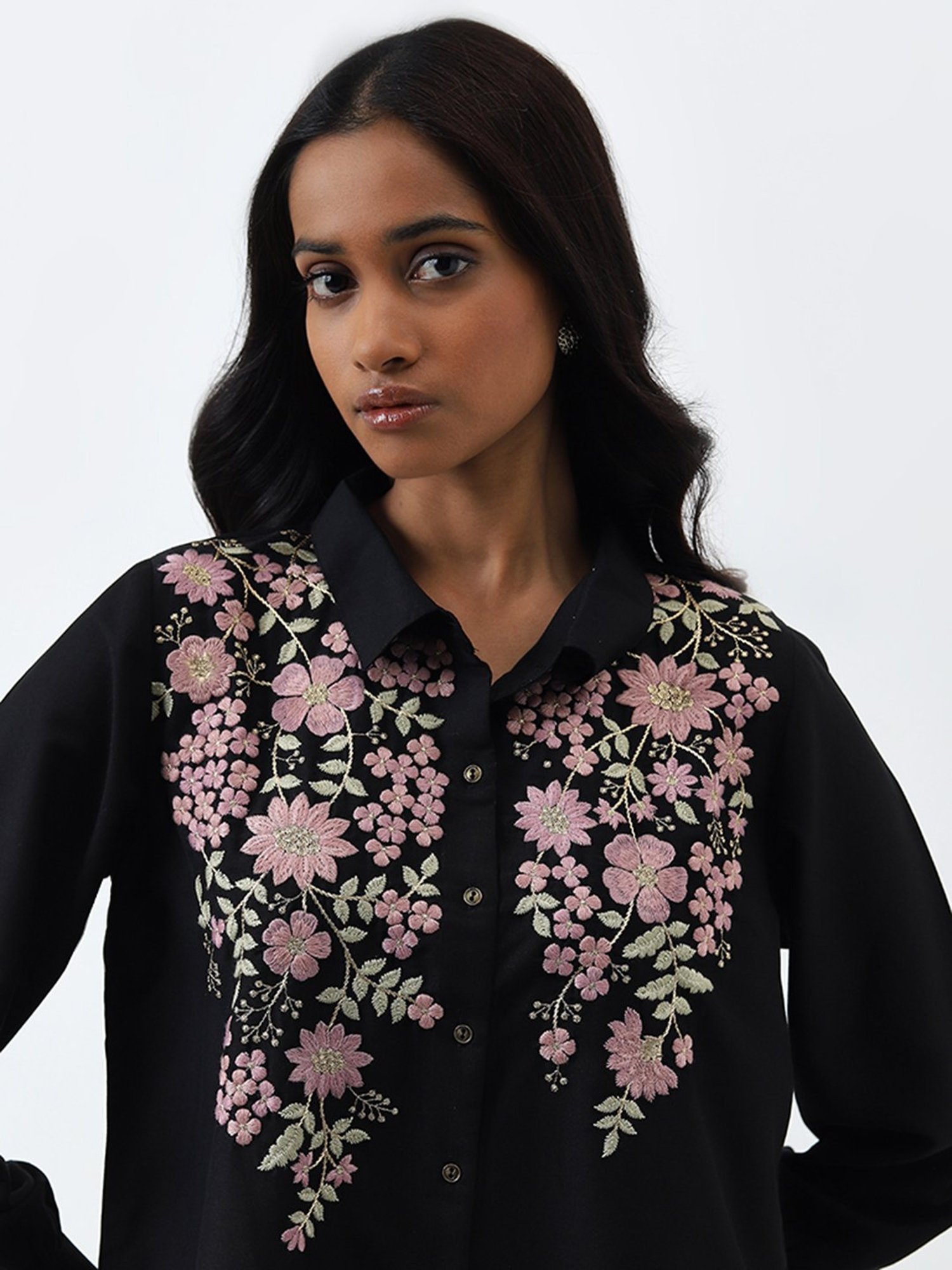 Vark by Westside Black Floral Embroidered Tunic and Palazzos Set