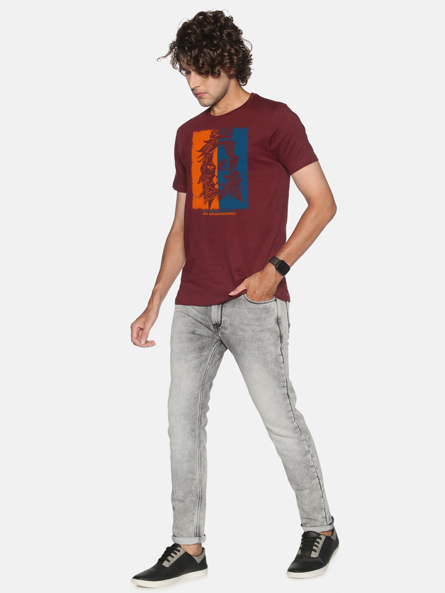 BLACK RADIO Maroon Slim Fit Printed Cotton Crew T-Shirt