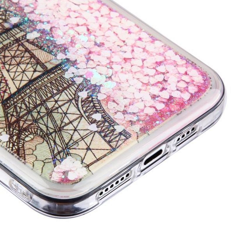 Airium Quicksand Glitter Hybrid Protector Case Compatible With Apple iPhone 12 Mini (5.4") - Eiffel Tower & Pink Hearts