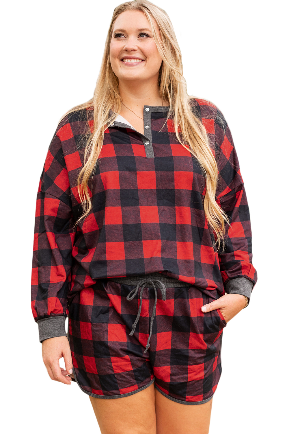 Rose Red Solid Waffle Knit Plus Size Two Piece Shorts Set