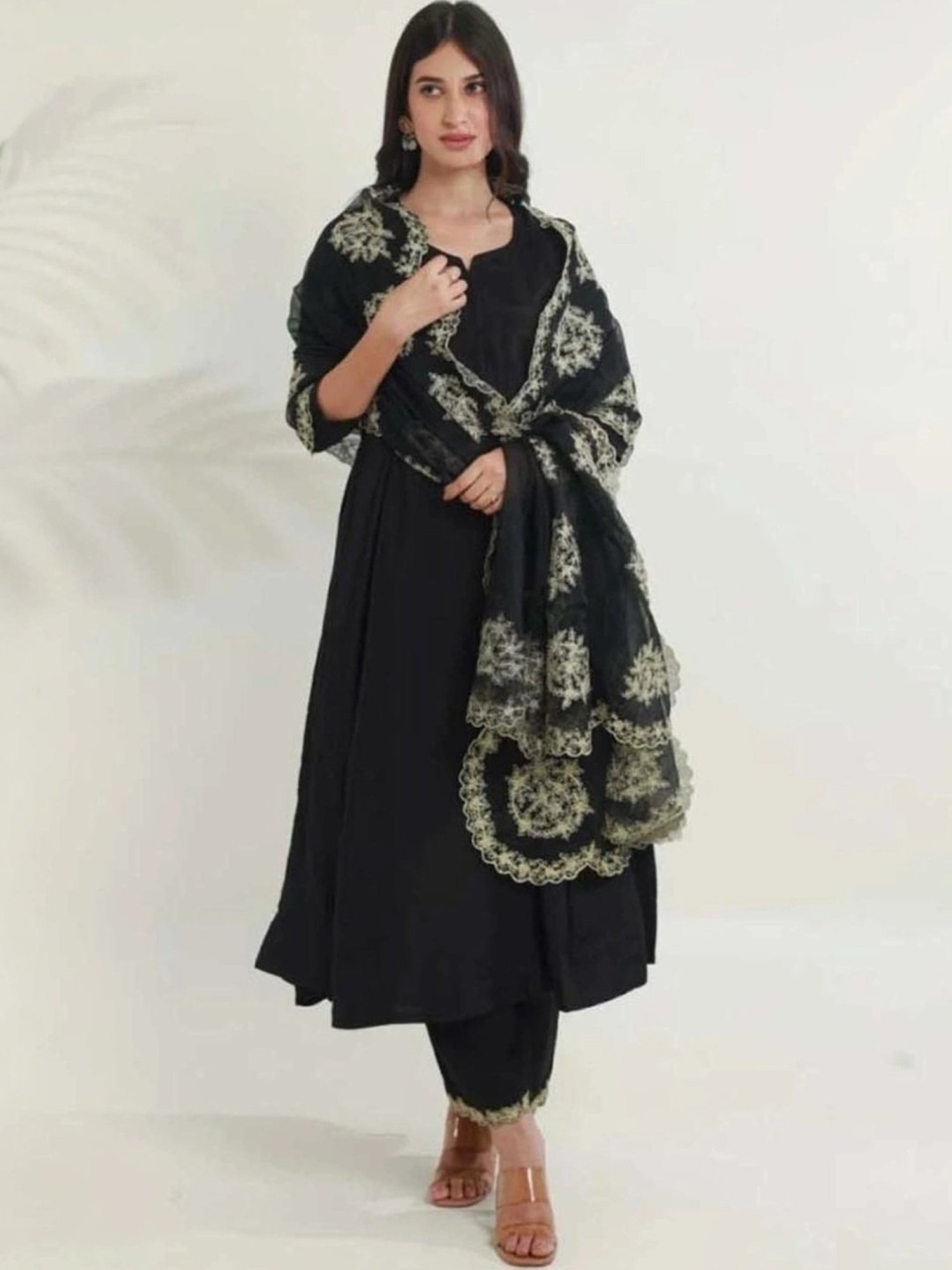 Asrumo Black Tara Chanderi Heavy Aari Embroidery Three Kali Kurta with Pant and Dupatta