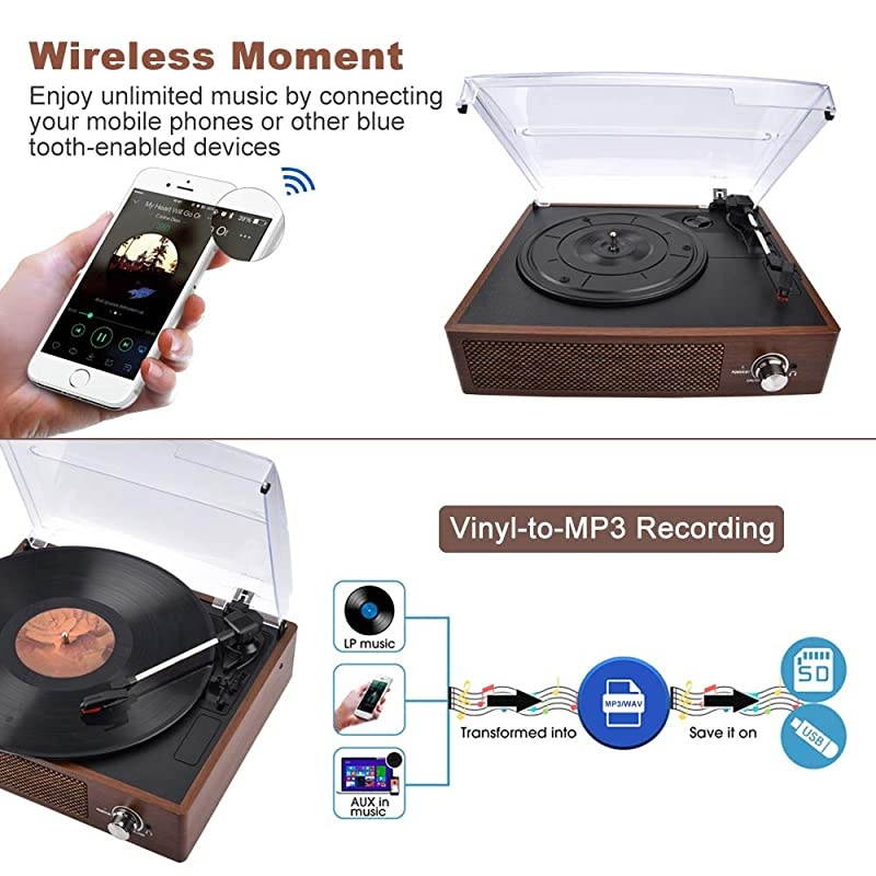 Record Player,  Portable 3 Speed Vinyl Turntable, Bluetooth Vintage Record Player with Built-in Speakers, Supports Headphone Jack/Aux Input/ RCA Line Out (Wooden Classic)