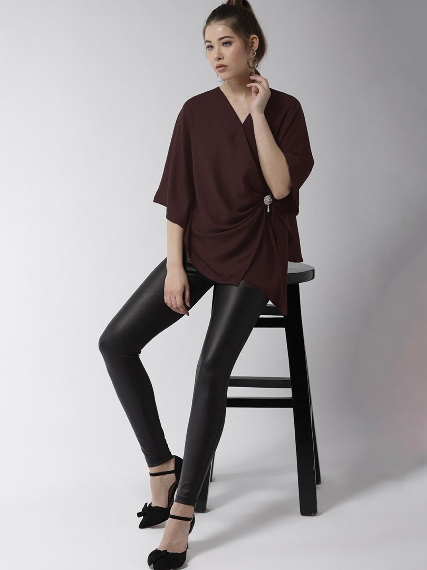 StyleStone Maroon Wrap Top With Brooch