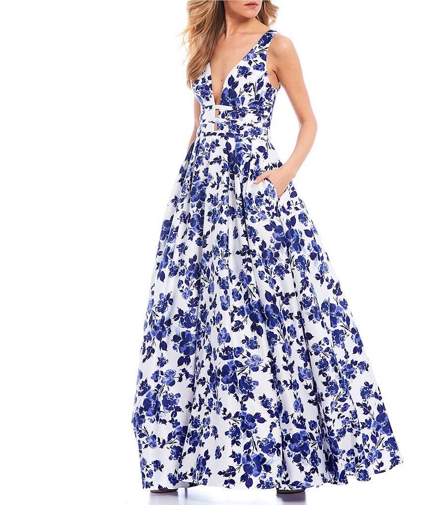 Blondie Nites Sleeveless V-Neck Floral Print Ball Gown