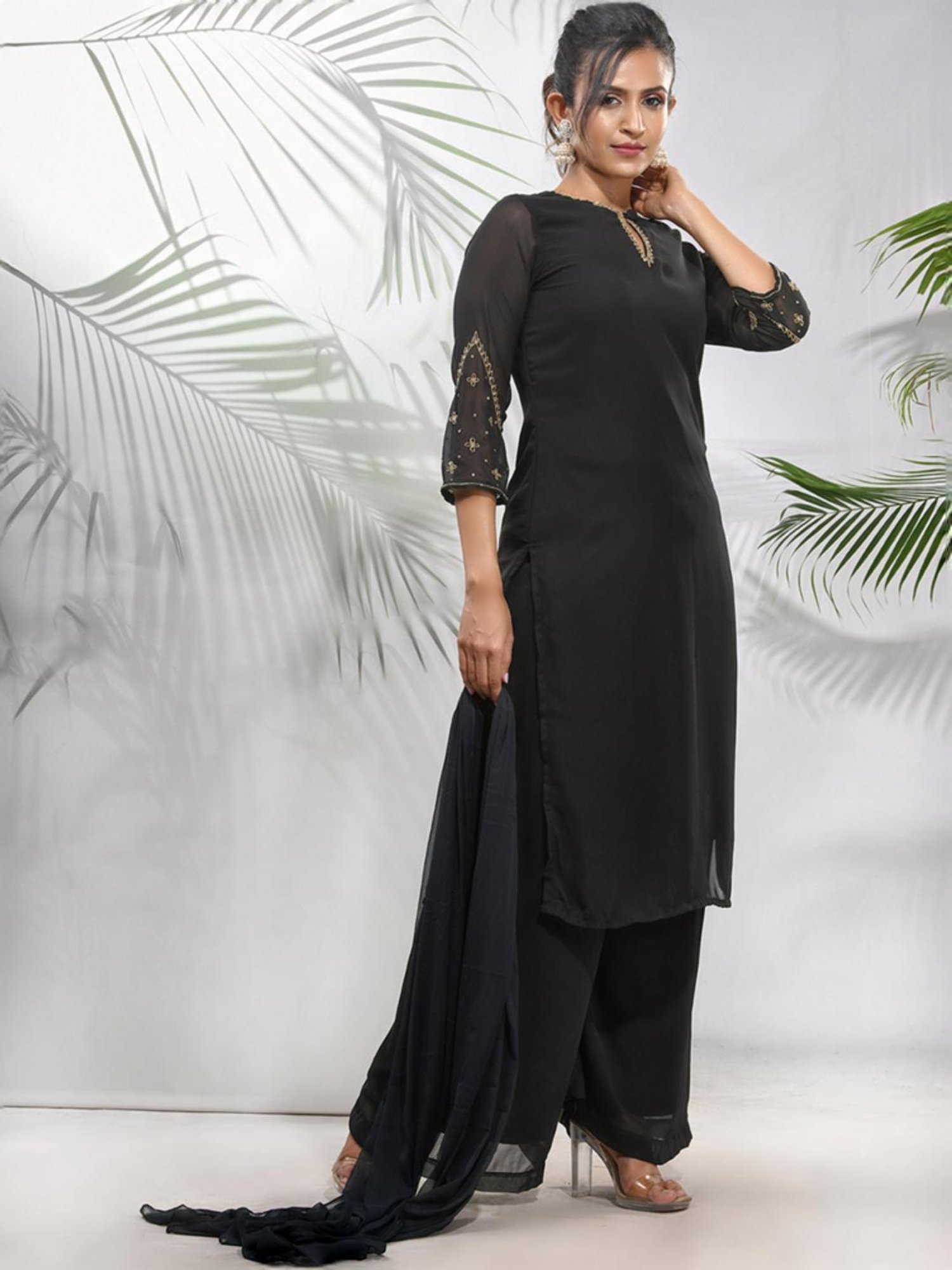 Charukriti Black Regular Fit Kurta Palazzo Set With Dupatta