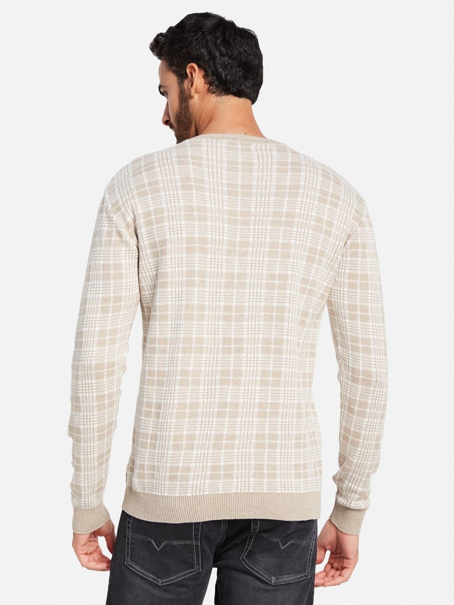 METTLE Khaki Cotton Regular Fit Checks Sweater