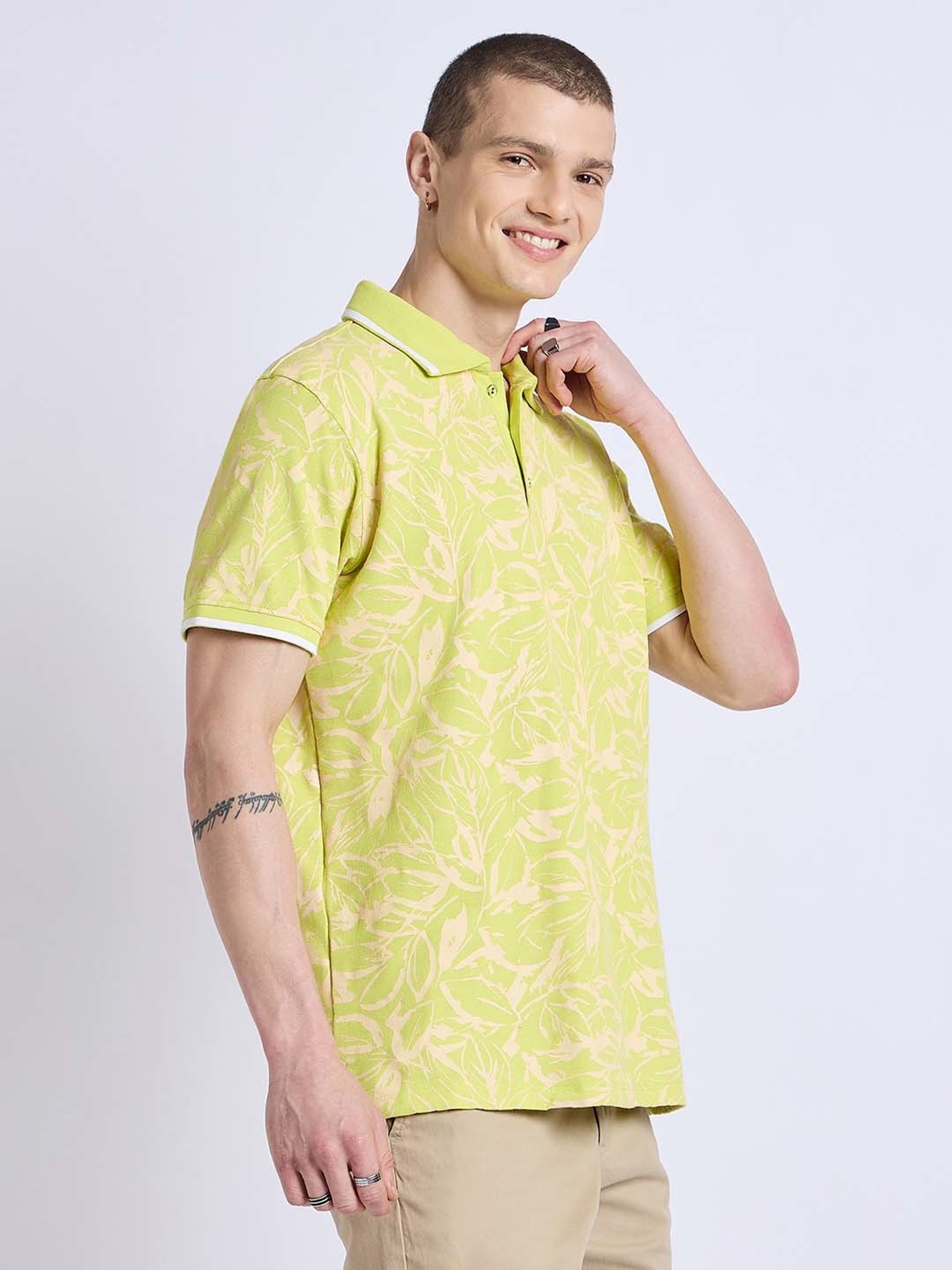 EDRIO Lime Green Regular Fit Printed Polo T-Shirt