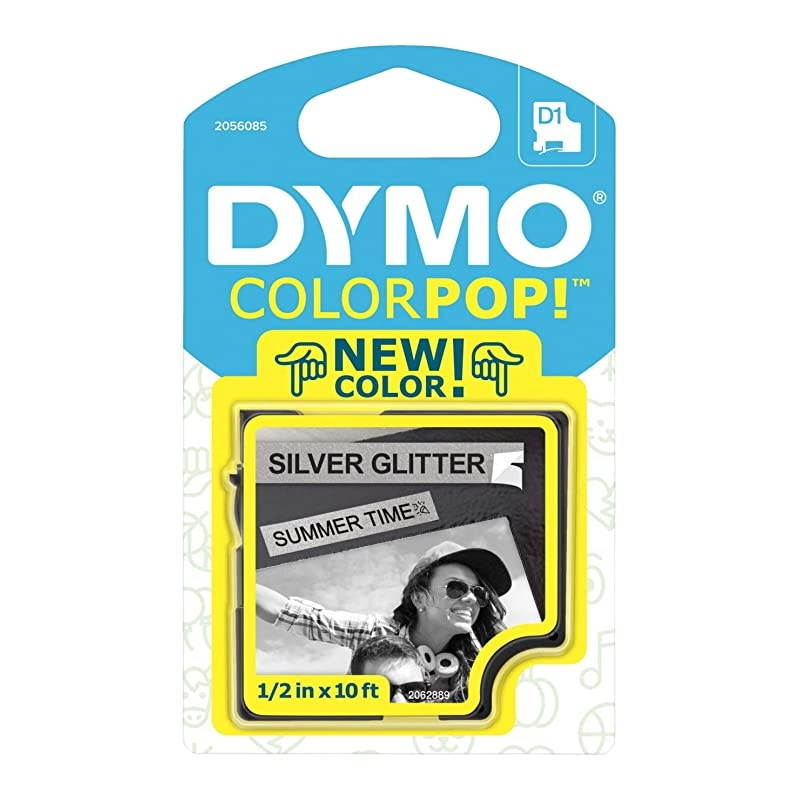 COLORPOP Authentic Label Maker Tape, 1/2" W x 10' L, Black Print on Silver Glitter, D1 Standard