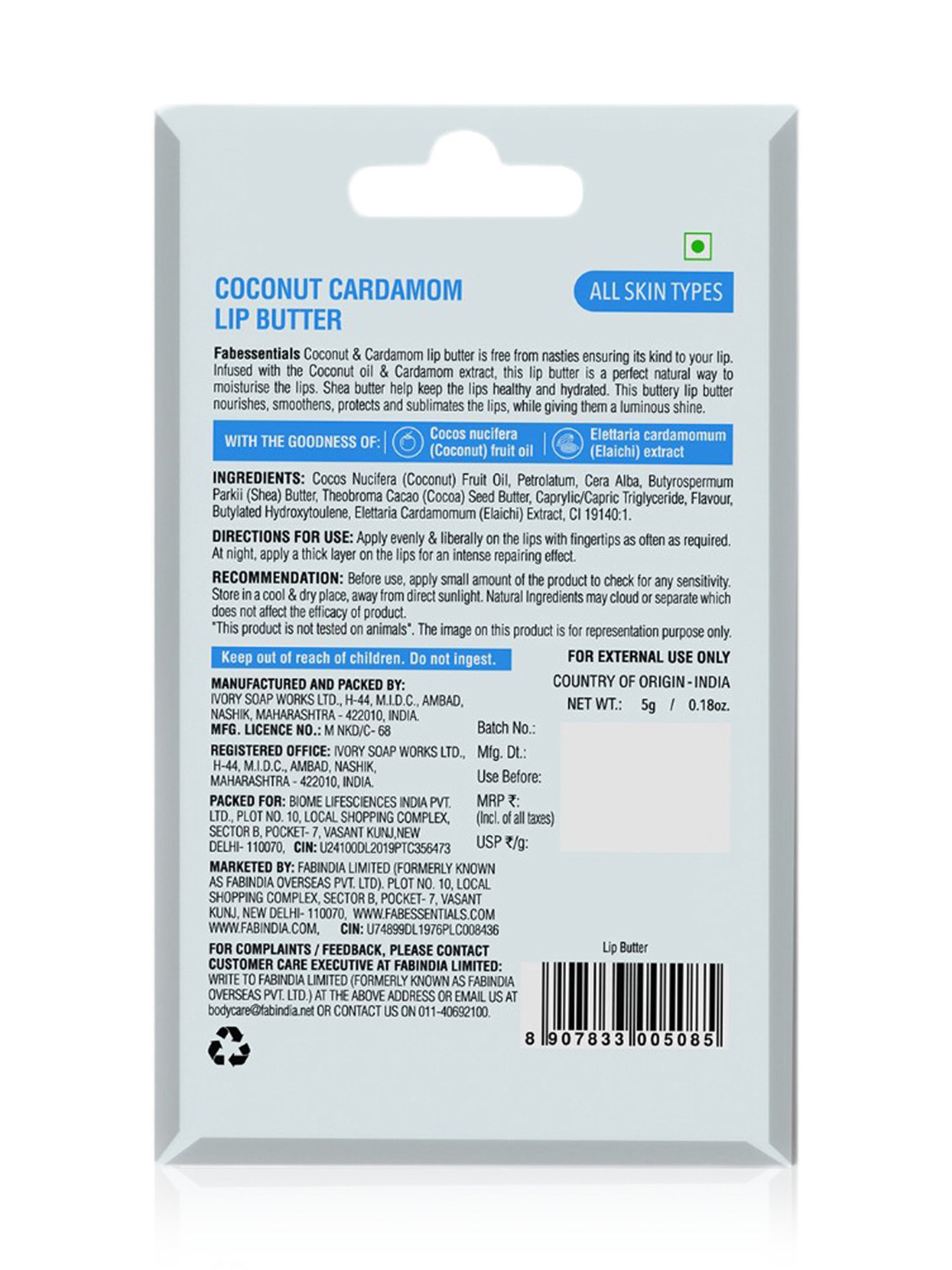 Fabessentials Coconut & Cardamon Lip Butter - 5 gm