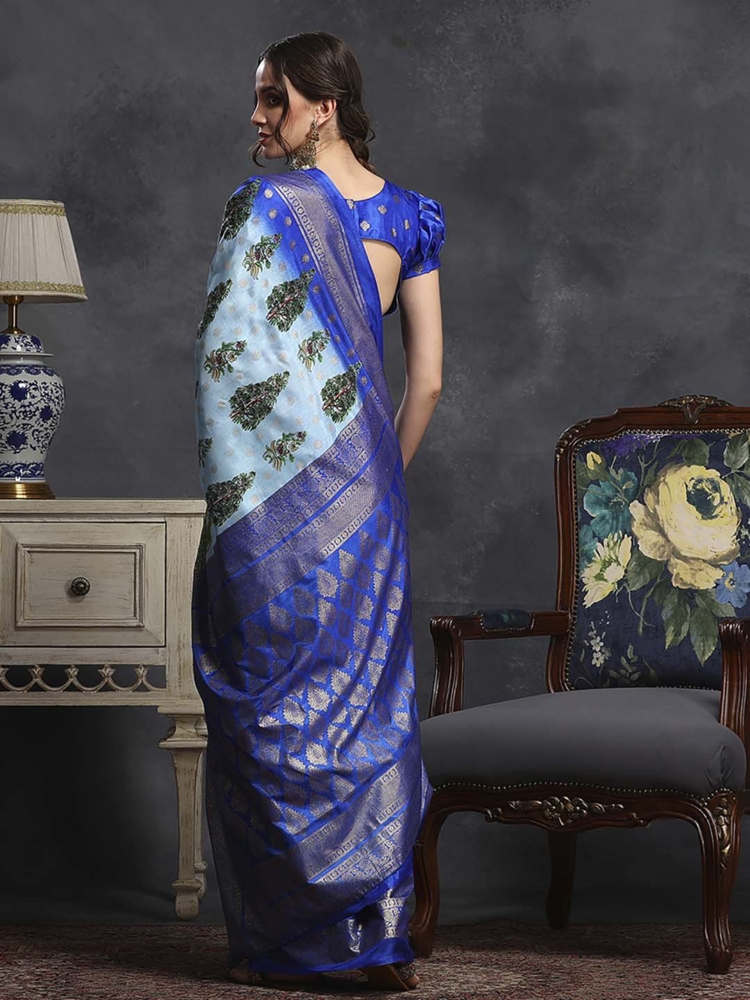 Saree Mall Blue Silk Printed Saree With Unstitched Blouse