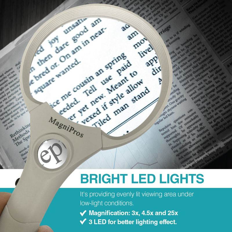 MagniPros 3 Ultra Bright LED Lights 3X 4.5X 25X Power Handheld Reading Magnifying Glass with Light- Ideal for Reading Small Prints, Map, Coins, Inspection and Jewelry Loupe