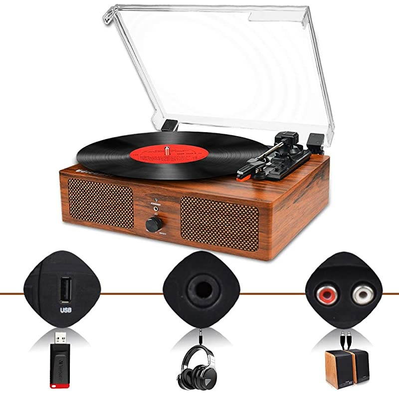 Record Player Bluetooth Turntable with Builtin Speakers and USB BeltDriven Vintage Phonograph Record Player 3 Speed for Entertainment and Home Decoration