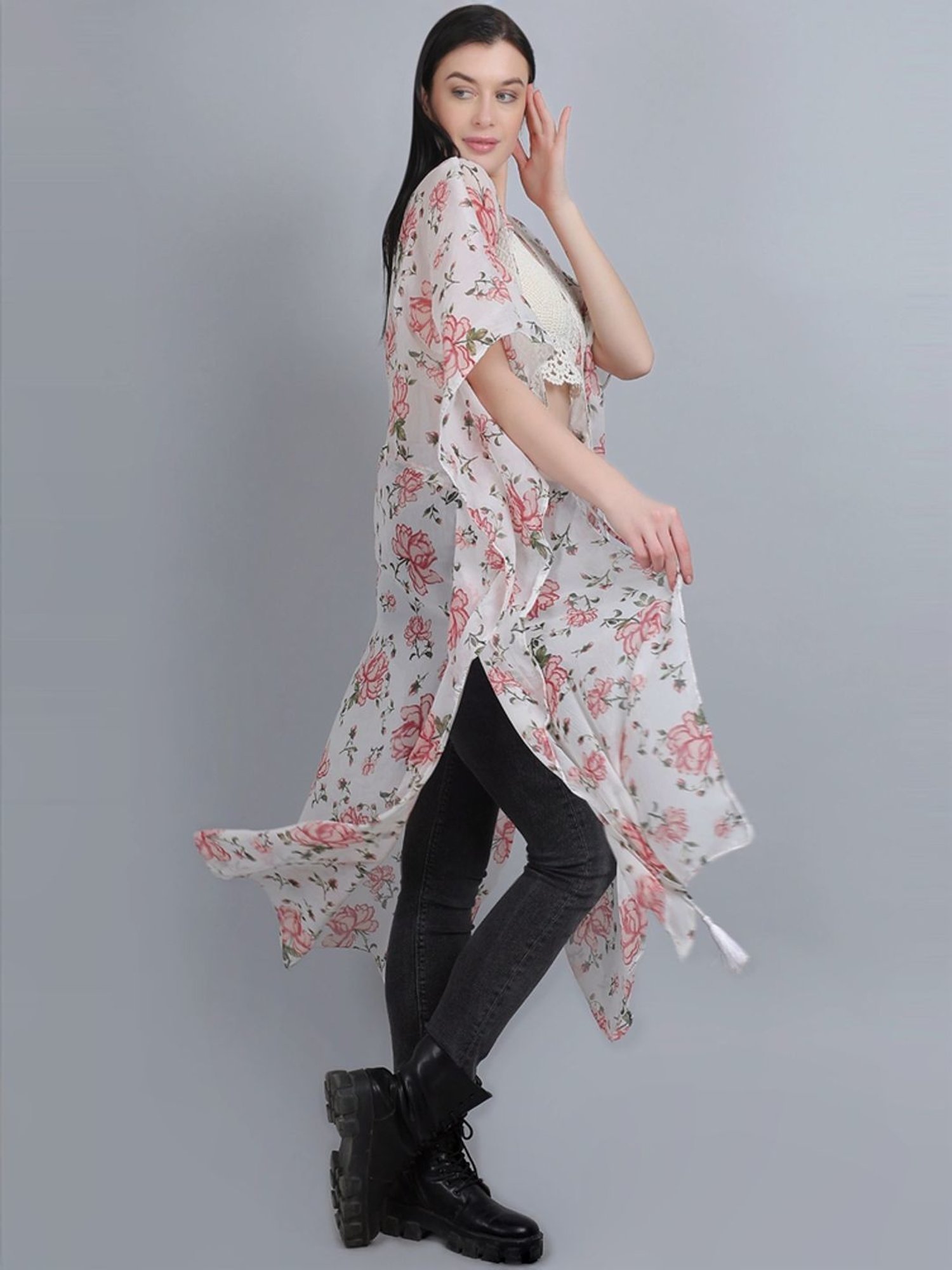 mod & shy White Printed Long Shrug