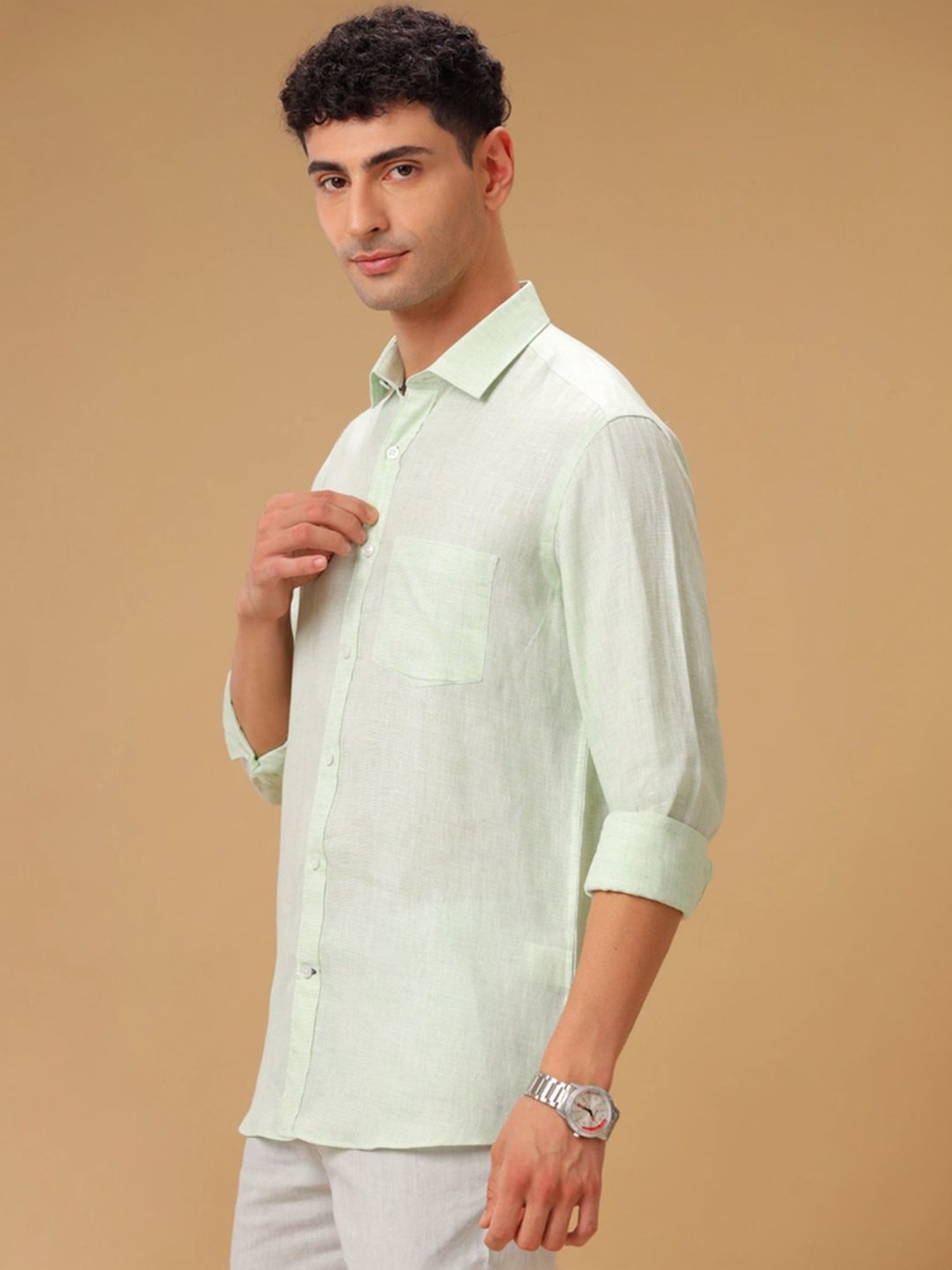 Linen Club Green Linen Contemporary Fit Texture Shirt