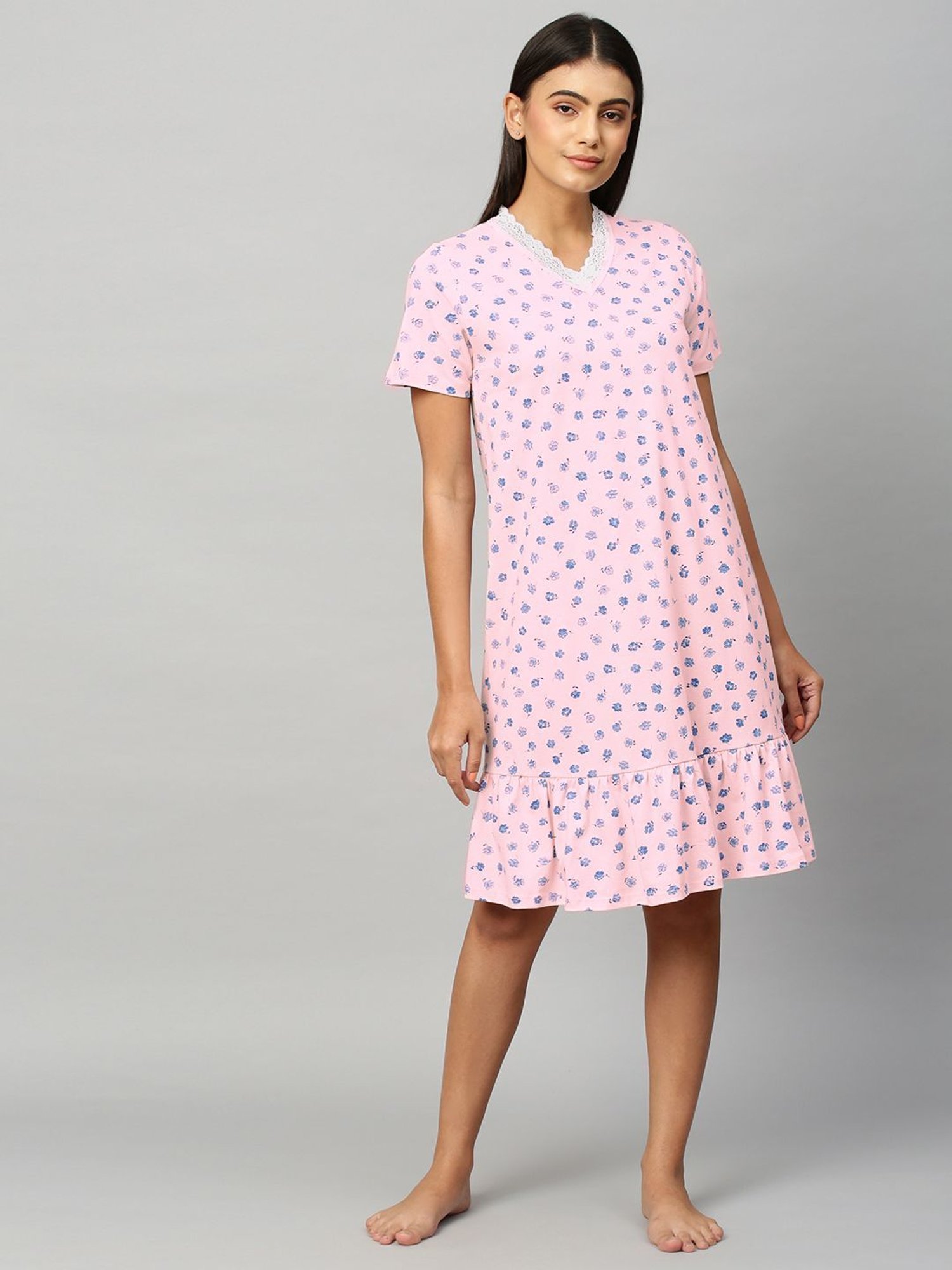 Chemistry Blue Cotton Printed Night Dress