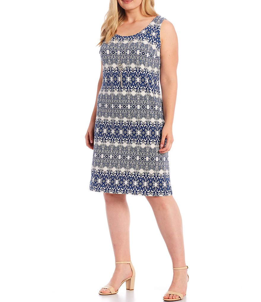 Jessica Howard Plus Size Crew Neck 3/4 Sleeve Printed Trapeze Dress