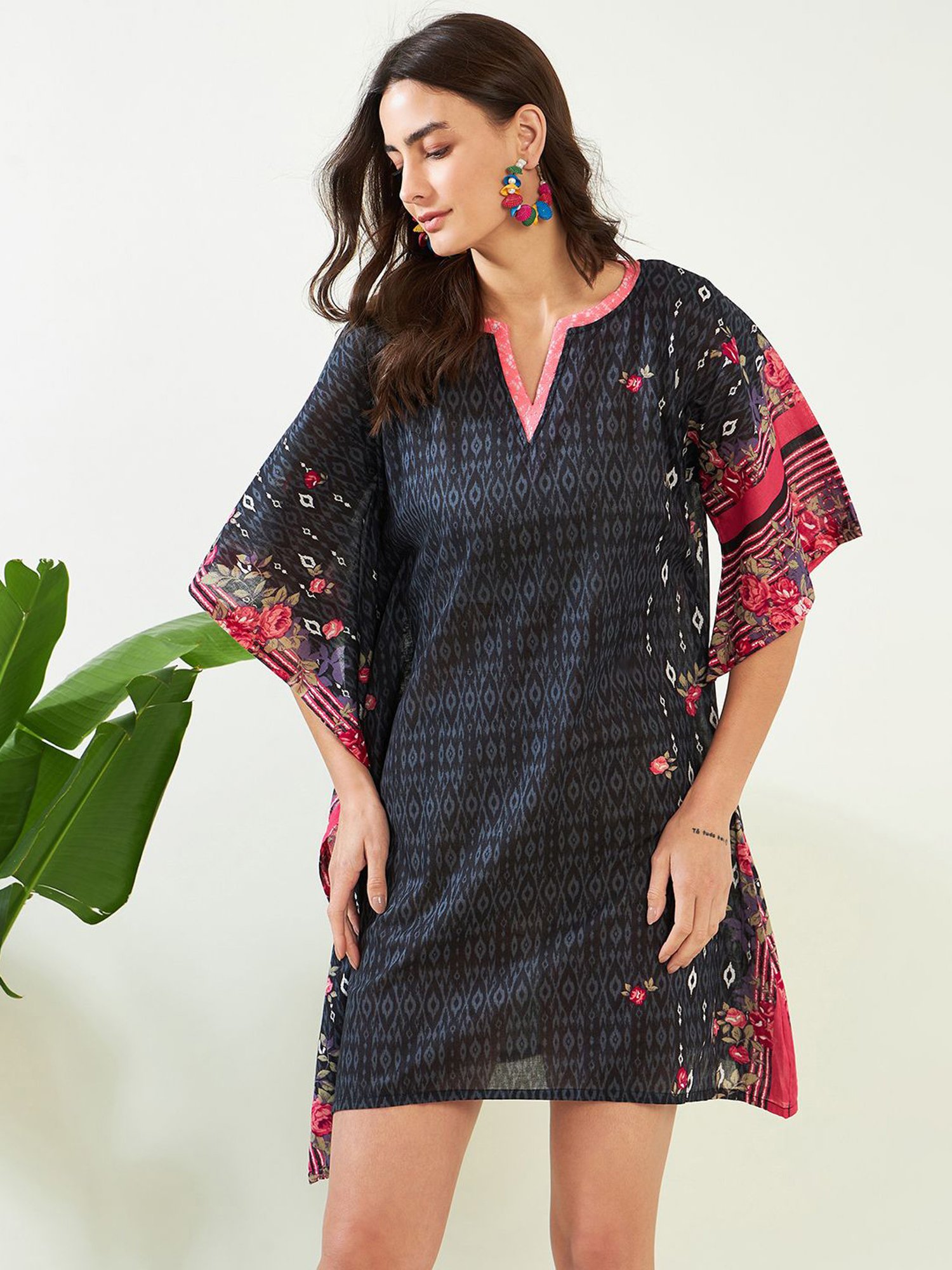 The Kaftan Company Black Cotton Printed Beachwear Kaftan