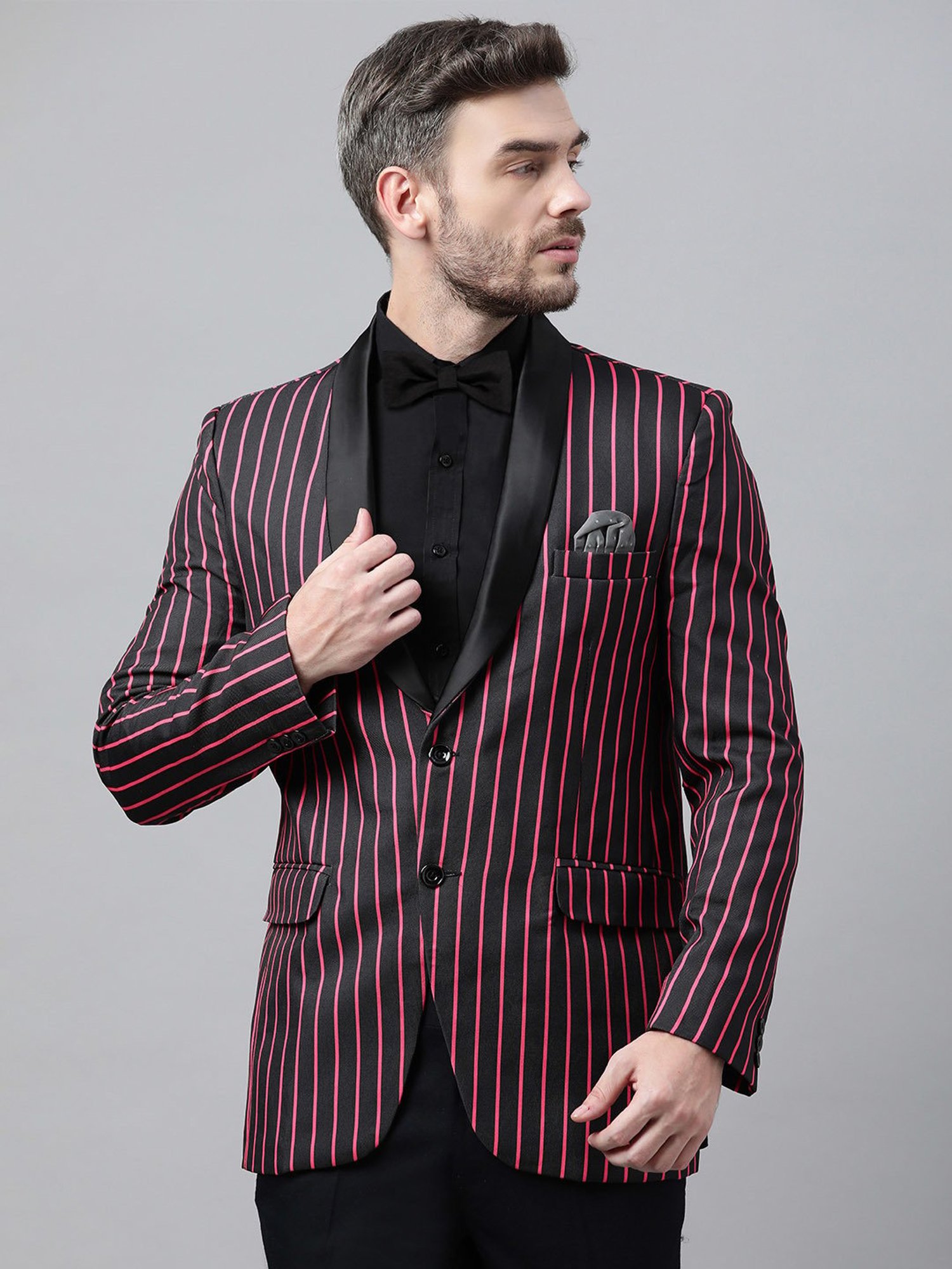 Hangup Plus Black & Pink Regular Fit Striped Blazer
