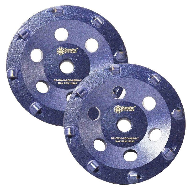 DiamaPro Systems Threaded 5 Inch 8 Segment 1/4 Round PCD Concrete Grinding Cup Wheel Grinding, Preparation, & Removing Coating (2 Pack)