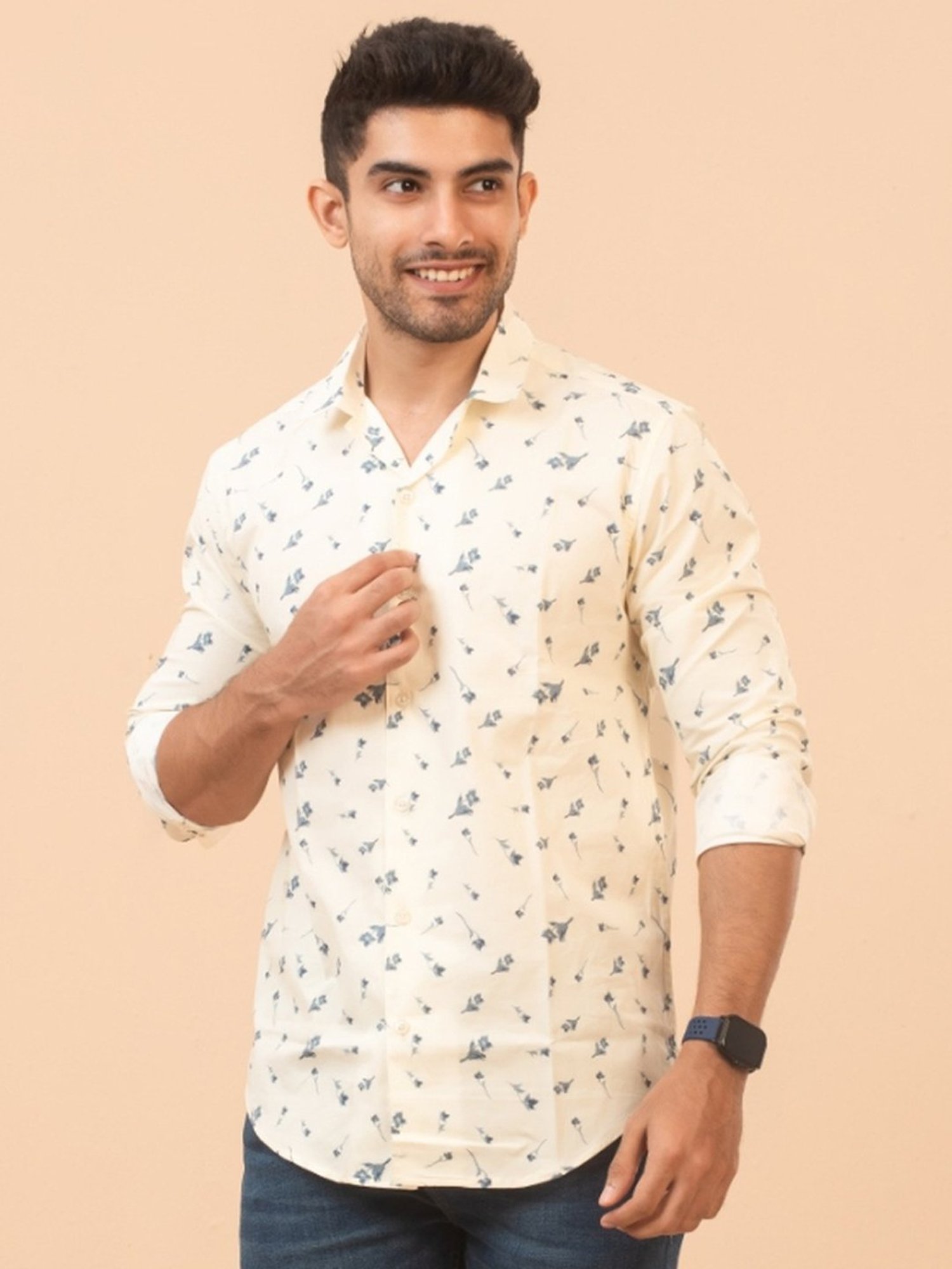 The Bleu Label White Cotton Slim Fit Printed Shirt