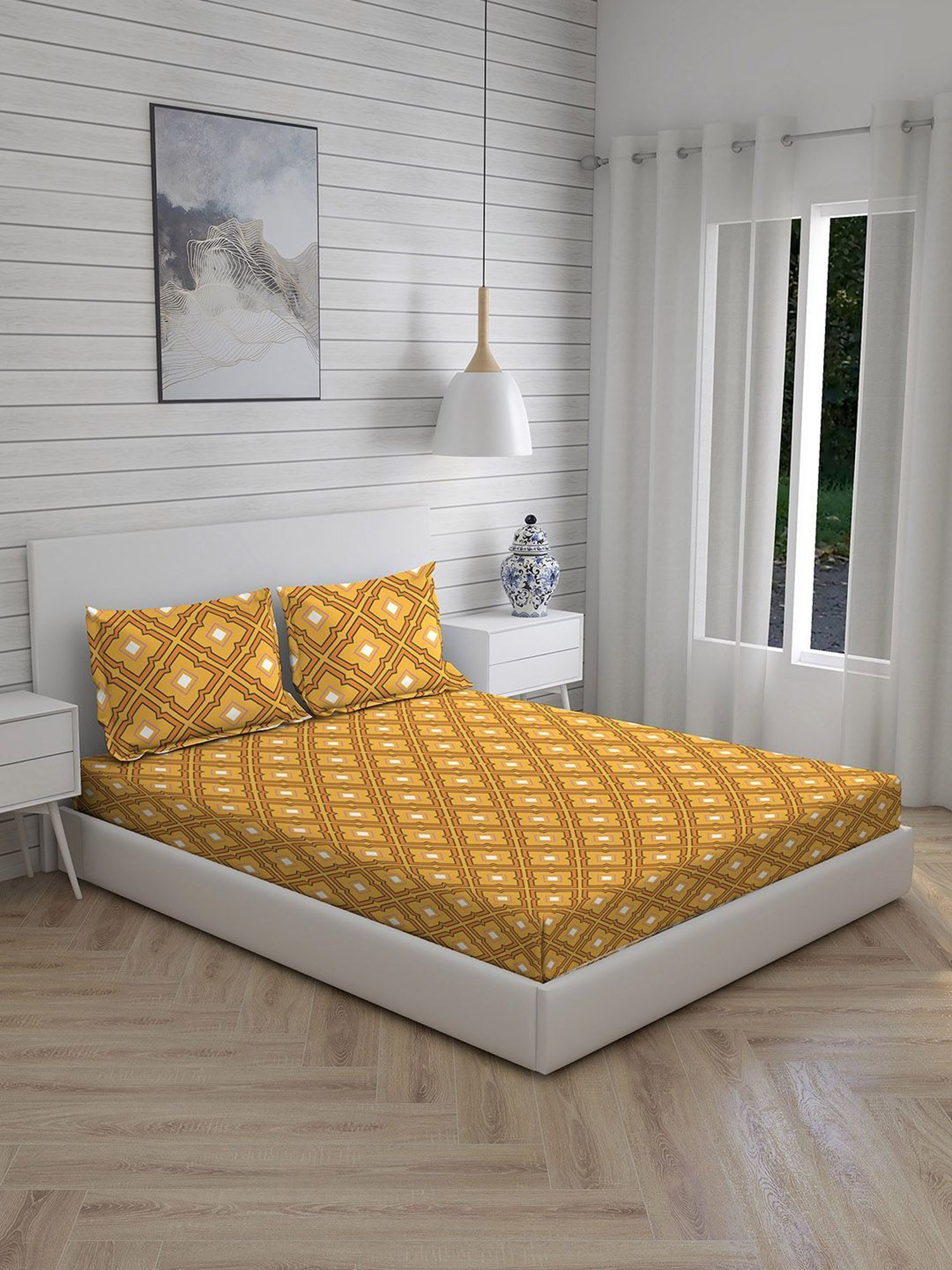 Layers Tuscany Printed Brown 104 TC Cotton King Bed Sheet with 2 Pillow Covers