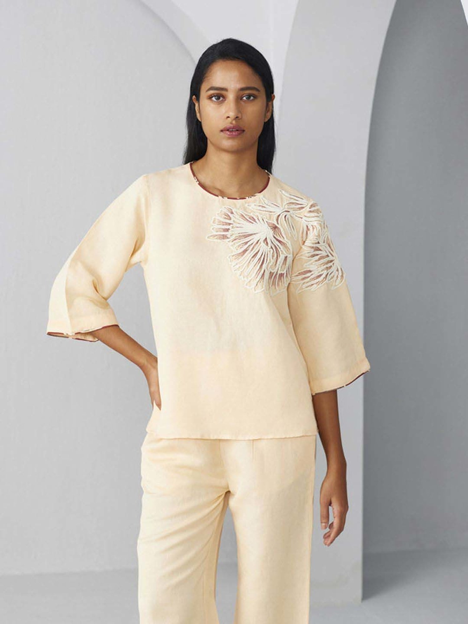 Ancestry Light Beige Embroidered Top