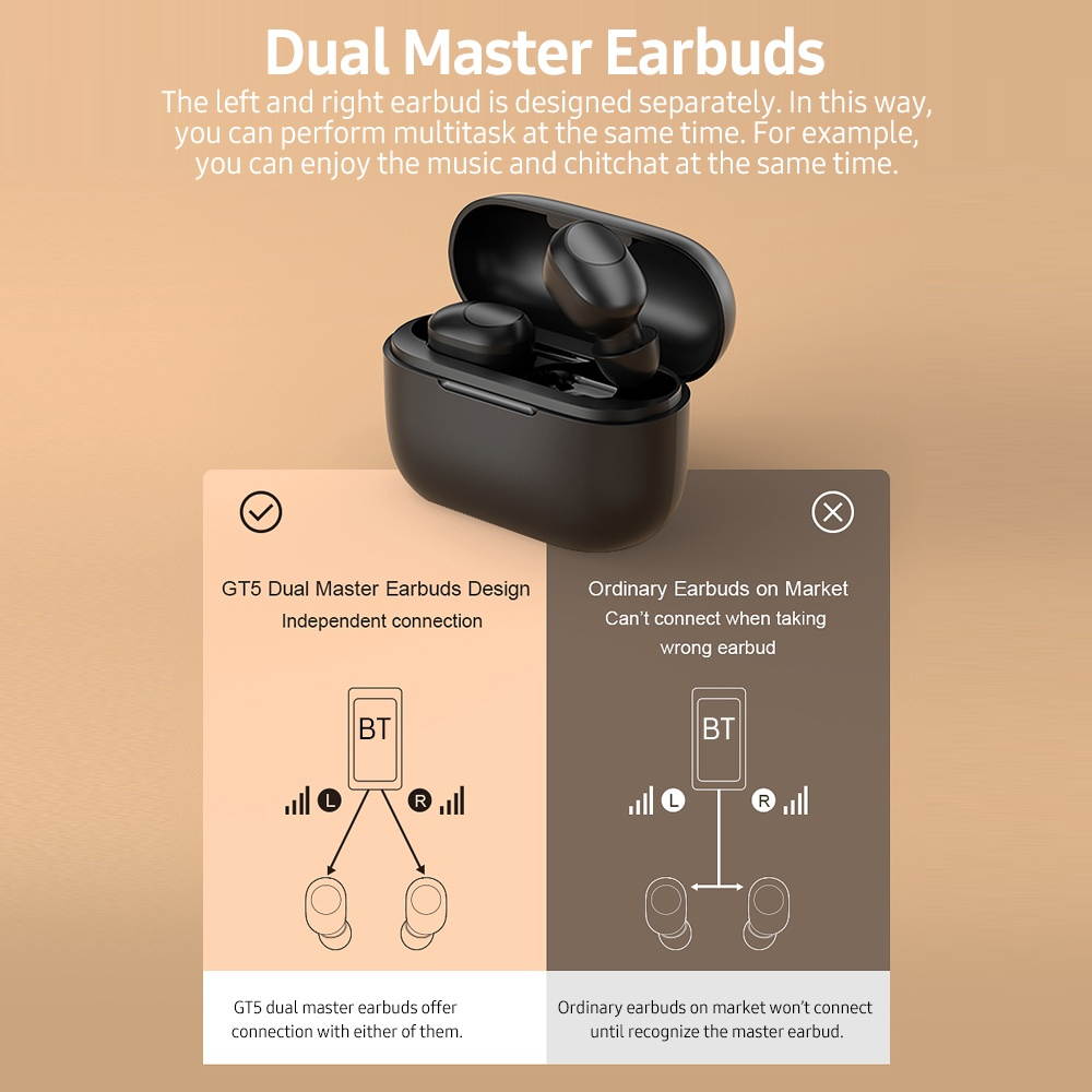 Haylou GT5 BT 5.0 Dual Master Earbuds with Touch Control Voice Operation Low Latency Remaining Power Display Black